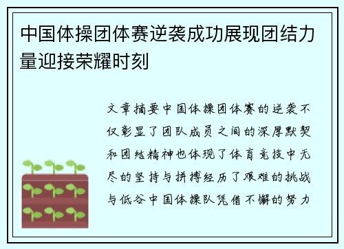 中国体操团体赛逆袭成功展现团结力量迎接荣耀时刻