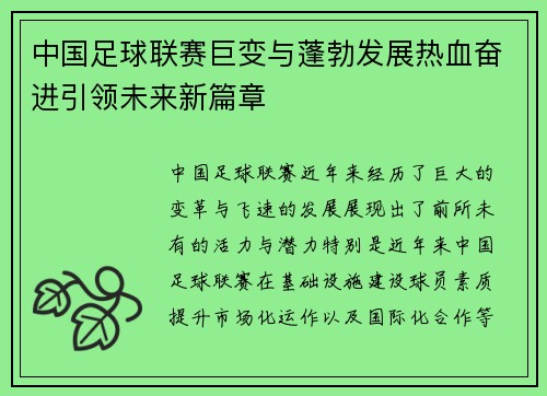 中国足球联赛巨变与蓬勃发展热血奋进引领未来新篇章