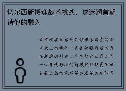 切尔西新援迎战术挑战，球迷翘首期待他的融入