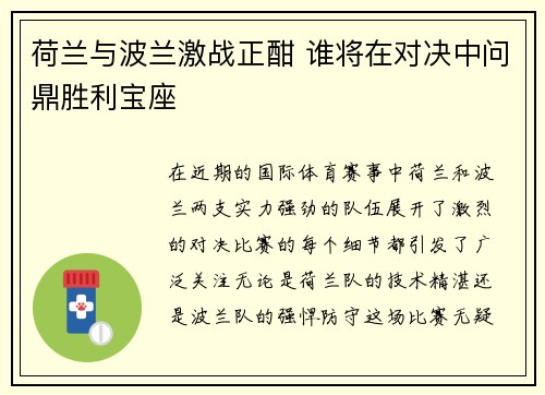 荷兰与波兰激战正酣 谁将在对决中问鼎胜利宝座