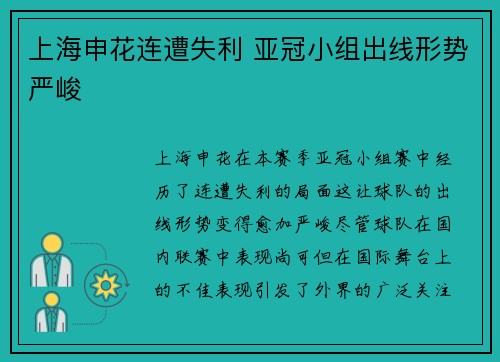 上海申花连遭失利 亚冠小组出线形势严峻